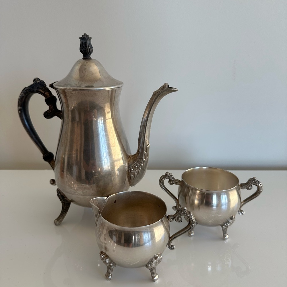 Vintage Leonard Silver Plate Coffee Tea Set 3pc Ornate Footed Creamer Sugar